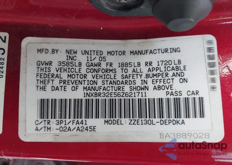 2006 Toyota Corolla Ce из США, поврежденный, VIN 1NXBR32E56Z621711